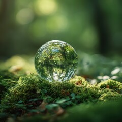 Crystal ball reflecting lush green forest on a bed of moss