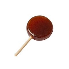 Amber-colored lollipop with a wooden stick, centered on a black background