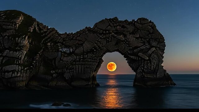 Stunning sunset view through a natural rock arch over the ocean water.