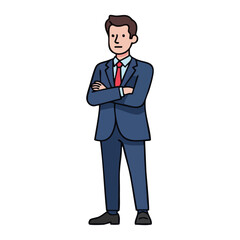Obraz premium A confident businessman stands with arms crossed in a professional setting from a straightforward viewpoint.