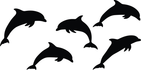 Black dolphin silhouettes set, swimming marine animals, ocean wildlife icons, minimalist aquatic mammal vector illustration, sea life collection © Shuvo creative