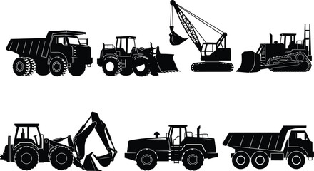 Black Silhouette Vector Set of Heavy Duty Construction Machinery Including Excavator Crane Bulldozer Dump Truck and Loader for Industrial Design © Hafiza