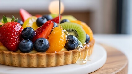Vibrant fruit tart glistening with sweet syrup, a colorful dessert treat