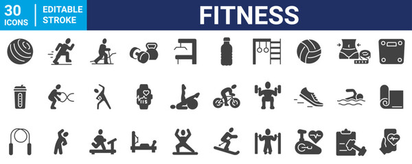 Fitness web icons. Gym and health care. Healthy lifestyle icons. Nutrition and dieting, training, body care. Vector illustration
