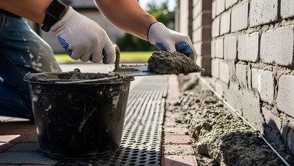 Construction worker applying cement mortar to brick wall foundation | Professional mason using trowel for house exterior repair | Close-up of gloved hands mixing concrete for building job
