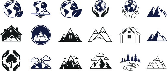Minimalist mountain home and earth icon set featuring ecology nature housing landscapes and sustainability symbols for branding logo design