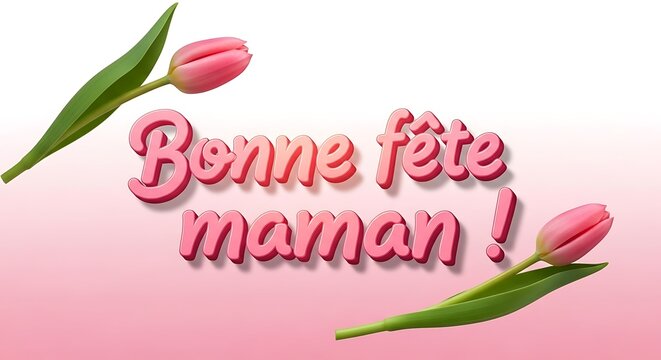 French 'Bonne f&ecirc;te maman!' (Happy Mother's Day) greeting with pink tulips and soft pink background. A warm celebration of mothers.