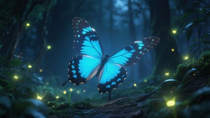 Dreamy and Aesthetic Photography of Luminous Butterflies in the Summer Night Forest: Luminous butterflies with fluorescent blue斑纹 wings flutter in the summer night forest with hazy light and shadow. F