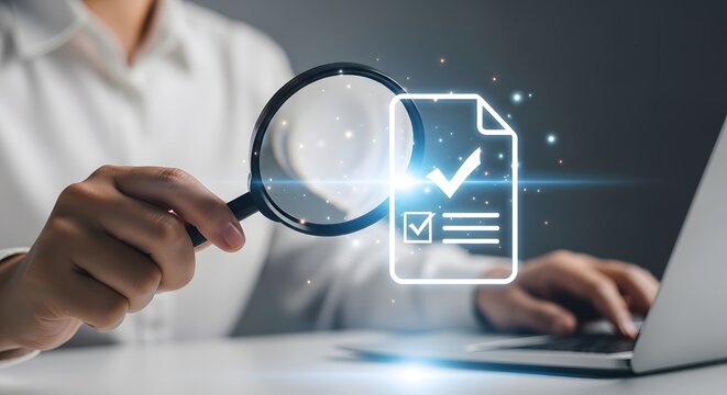 A person examines a digital document with a checkmark using a magnifying glass