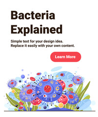 Bacteria explained medical concept colorful microbes abstract shapes floating surrounded by organic elements blue background website banner