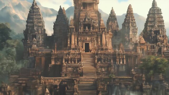 Ancient temple complex with elaborate stonework amid misty landscape