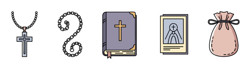 Fototapeta premium Collection of religious Christian icons including a cross necklace, chain, bible, saint card, and pouch, presented in a simple, colorful line art illustration style for faith concepts