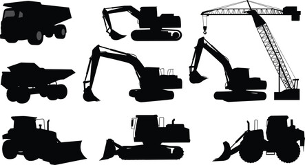 Heavy construction machinery silhouettes featuring excavator crane bulldozer dump truck vehicles isolated on white background vector illustration design © Moksen