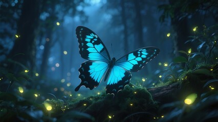 Dreamy and Aesthetic Photography of Luminous Butterflies in the Summer Night Forest: Luminous butterflies with fluorescent blue斑纹 wings flutter in the summer night forest with hazy light and shadow. F