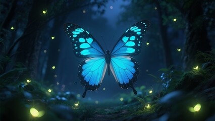 Dreamy and Aesthetic Photography of Luminous Butterflies in the Summer Night Forest: Luminous butterflies with fluorescent blue斑纹 wings flutter in the summer night forest with hazy light and shadow. F