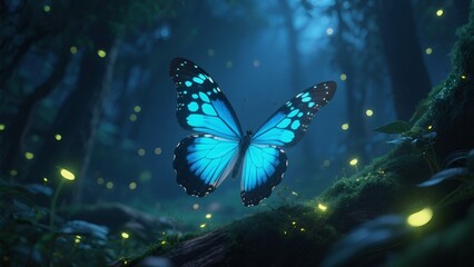 Dreamy and Aesthetic Photography of Luminous Butterflies in the Summer Night Forest: Luminous butterflies with fluorescent blue斑纹 wings flutter in the summer night forest with hazy light and shadow. F