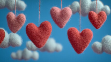 Hanging handmade felt hearts on strings against blue sky with clouds