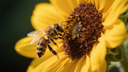 Macro photography of bees collecting nectar from golden sunflowers: A macro lens captures in high definition the vivid moment when a bee perches on a sunflower disk to gather nectar. The fine hairs on