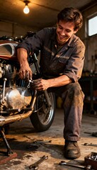 Naklejka premium Mechanic happily repairs vintage motorcycle in dimly lit garage