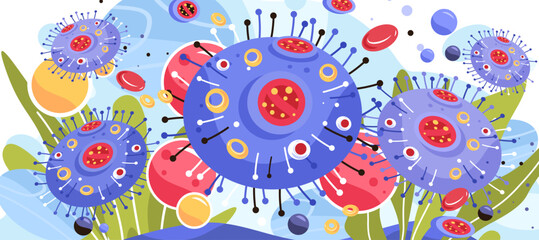 Virus bacteria pathogen infection disease anatomy concept colorful microscopic cells floating abstract medical background