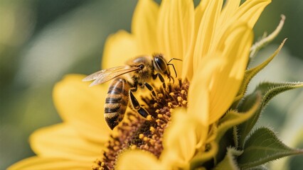 Macro photography of bees collecting nectar from golden sunflowers: A macro lens captures in high definition the vivid moment when a bee perches on a sunflower disk to gather nectar. The fine hairs on