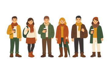 Obraz premium Group of young adults in autumn attire holding coffee cups