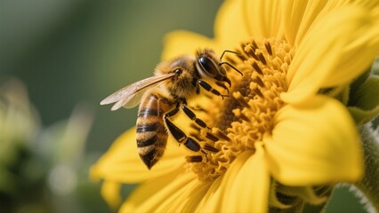 Macro photography of bees collecting nectar from golden sunflowers: A macro lens captures in high definition the vivid moment when a bee perches on a sunflower disk to gather nectar. The fine hairs on