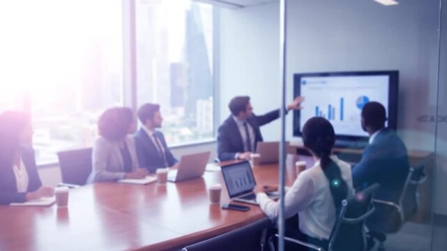 Business Team at Meeting CEO Points at Charts on Screen with Office Presentation.
