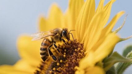 Macro photography of bees collecting nectar from golden sunflowers: A macro lens captures in high definition the vivid moment when a bee perches on a sunflower disk to gather nectar. The fine hairs on
