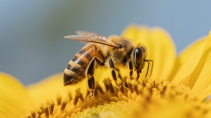 Macro photography of bees collecting nectar from golden sunflowers: A macro lens captures in high definition the vivid moment when a bee perches on a sunflower disk to gather nectar. The fine hairs on