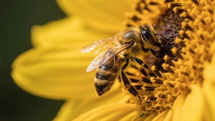 Macro photography of bees collecting nectar from golden sunflowers: A macro lens captures in high definition the vivid moment when a bee perches on a sunflower disk to gather nectar. The fine hairs on