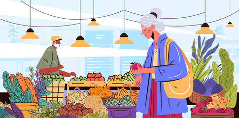 Active senior woman shopping healthy groceries market elderly people choosing fresh vegetables fruits indoor modern food stall plants baskets