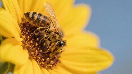 Macro photography of bees collecting nectar from golden sunflowers: A macro lens captures in high definition the vivid moment when a bee perches on a sunflower disk to gather nectar. The fine hairs on