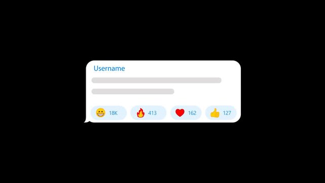 Animated telegram chat message bubble template with increasing emoji reactions. Social media messenger feedback interface. Whats app blog overlay mock up, with reaction counting numbers. 