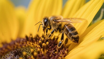 Macro photography of bees collecting nectar from golden sunflowers: A macro lens captures in high definition the vivid moment when a bee perches on a sunflower disk to gather nectar. The fine hairs on