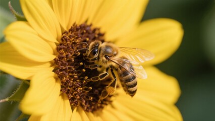 Macro photography of bees collecting nectar from golden sunflowers: A macro lens captures in high definition the vivid moment when a bee perches on a sunflower disk to gather nectar. The fine hairs on