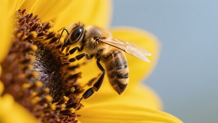 Macro photography of bees collecting nectar from golden sunflowers: A macro lens captures in high definition the vivid moment when a bee perches on a sunflower disk to gather nectar. The fine hairs on