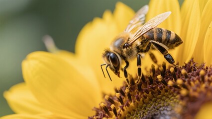 Macro photography of bees collecting nectar from golden sunflowers: A macro lens captures in high definition the vivid moment when a bee perches on a sunflower disk to gather nectar. The fine hairs on