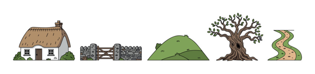 Naklejka premium Rural countryside elements illustration featuring a charming cottage, stone wall, green hill, ancient tree, and winding path in a simple cartoon style.