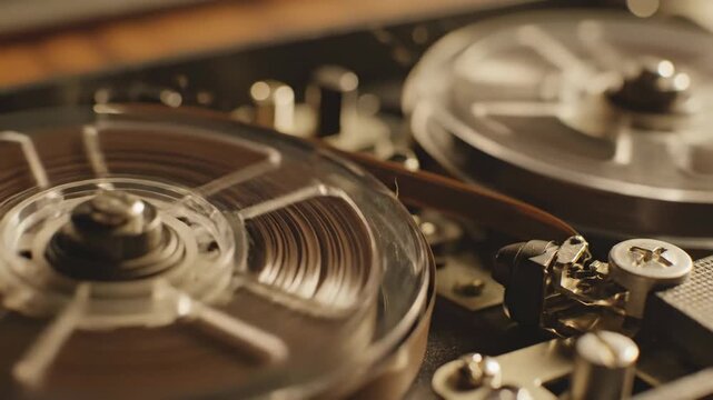 Vintage reeltoreel tape recorder spinning with mechanical precision in closeup