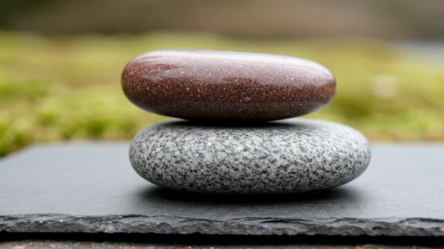 Balanced stone pair. A pair of rounded stones gradually adjusting position to achieve balance on a flat plane