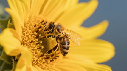 Macro photography of bees collecting nectar from golden sunflowers: A macro lens captures in high definition the vivid moment when a bee perches on a sunflower disk to gather nectar. The fine hairs on