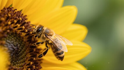 Macro photography of bees collecting nectar from golden sunflowers: A macro lens captures in high definition the vivid moment when a bee perches on a sunflower disk to gather nectar. The fine hairs on