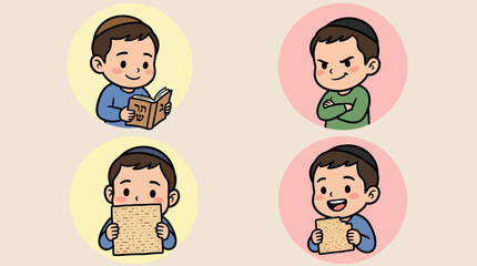 Cartoon Jewish Boy Set: Passover Icons, Matzah, Reading Haggadah, Four Sons Concept, Cute Chibi Illustration
