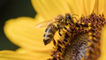 Macro photography of bees collecting nectar from golden sunflowers: A macro lens captures in high definition the vivid moment when a bee perches on a sunflower disk to gather nectar. The fine hairs on