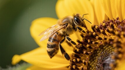 Macro photography of bees collecting nectar from golden sunflowers: A macro lens captures in high definition the vivid moment when a bee perches on a sunflower disk to gather nectar. The fine hairs on
