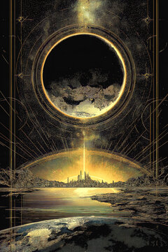 Modern representation of tarot card The World symbolizing completion, fulfilment, achievement, accomplishment, travel, freedom, AI generated