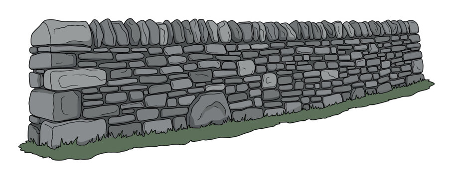 Hand-drawn illustration of a traditional dry stone wall with grey cobblestones and a grassy base, depicted in a simple cartoon style from a perspective view