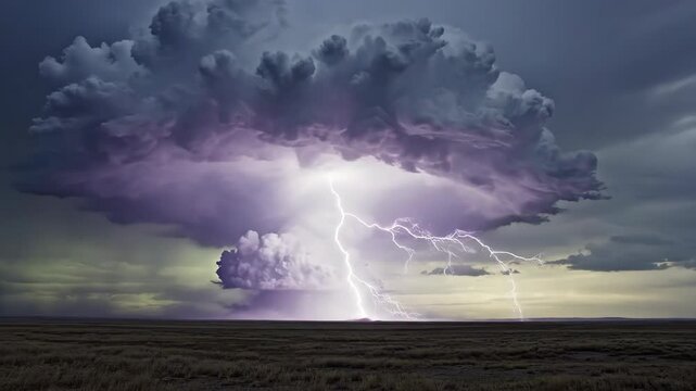 Dramatic thunderstorm unleashing powerful lightning strikes over vast open landscape