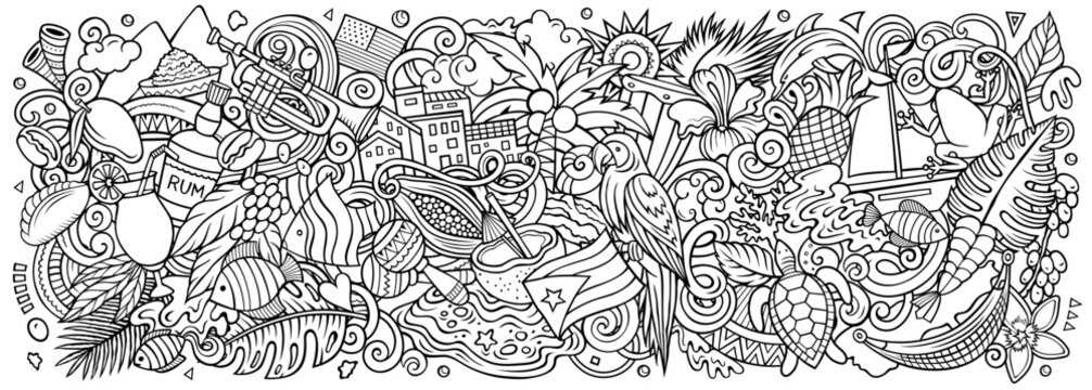 Puerto Rico cartoon doodle vector banner. Funny Puerto-Rican whimsical illustration. Caribbean tropical elements in a vibrant, playful style